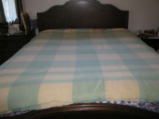 Vintage Double Long Vintage Green Blue And Tan Plaid Wool Blanket 132 " X 68 "