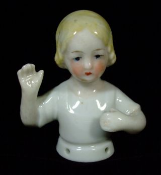 Vtg Porcelain Half Doll German Little Girl Blonde Hair Pin Cushion 2”