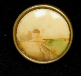 Scarce Antique Vtg Button Victorian Celluloid Billiard Ball Player In Brass Dw