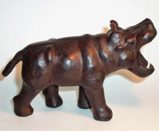 Old Hippo Hand Crafted Leather Art Sculpture Statue Figurine Vintage Antique Vg