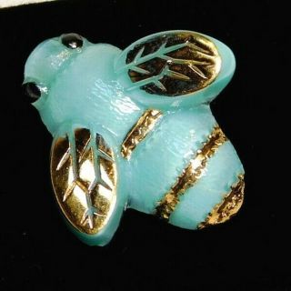 Antique Vintage Button Realistic Baby Blue Glass Bumble Bee W Gold A13