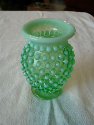 Fenton Mini Green & Opalescent Hobnail Vase With Smooth Top Edge