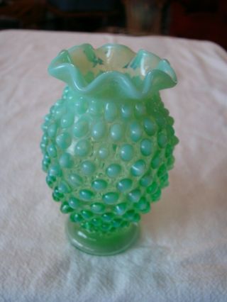 Fenton Mini Green & Opalescent Hobnail Vase With Ruffle Top Edge