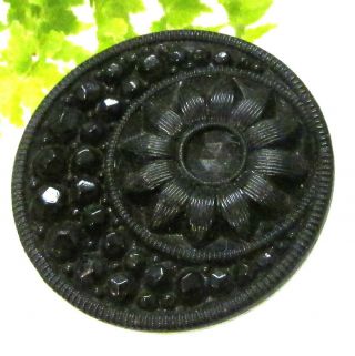 Sparkly Antique Black Glass Button With Sun And Moon D24