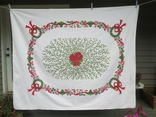 Vintage Christmas Poinsettia Cotton Print Tablecloth 60 X 74 "