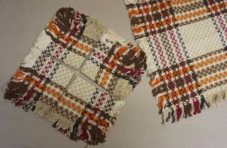 Set 4 Vintage Woven Napkins & Tablecloth Fringe 1970s Orange Brown Checkered
