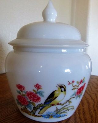 Vintage Avon White Milk Glass Apothecary Jar W/lid Bird & Flowers