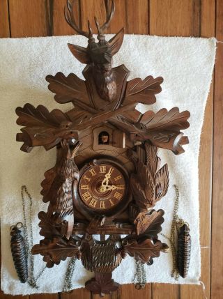 Vintage Germany Black Forest Carved 8 Day Cuckoo Clock (horn Missing)