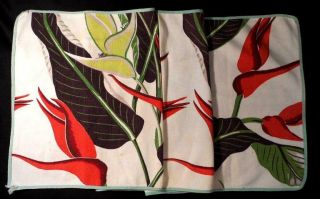Vintage Mid Century Barkcloth Table Runner 14 " X44 ",  Stylized Tropical Leaves