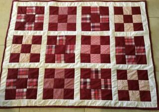 Patchwork Crib Quilt,  Nine Patch,  Burgundy,  White,  Floral Calico Prints,  Solids