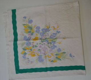Vintage Cotton Tablecloth W/ Green Band Cornflower Blue & Yellow Flowers 49 " X54 "