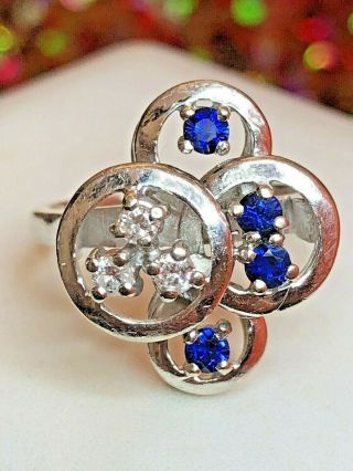 Vintage Estate 14k White Gold Blue Sapphire & Diamond Ring Art Deco