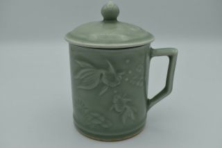 Chinese Celadon Koi Fish Teacup With Lid