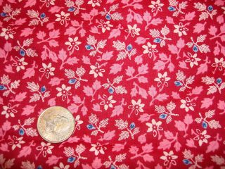 Vintage Cotton Fabric Pc Pink White Leaves Floral On Burgundy