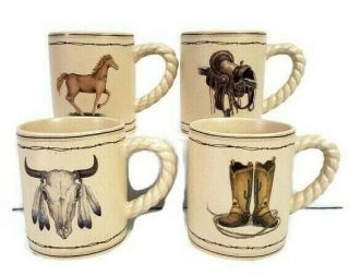 Western Ceramic Rope Handle Coffee Mugs Set Of 4 Horse,  Saddle,  Boots,  Steer Skull.