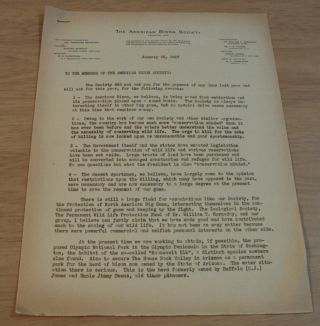 Rare 1937 Letter From " The American Bison Society " T.  Roosevelt/seymour/hornaday
