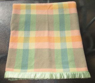 Pink Orange Blue Stripe Plaid Woven Wool Blanket Green Satin Binding 71 X 76 Vtg