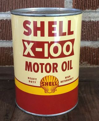 Vtg 1940s 50s Shell X - 100 Motor Oil 1 Quart Oil Can Full Tin Nos Near Rare