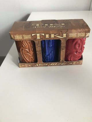 Tiki Shot Mugs,  (3 - D) Graphic Faces,  Ceramic Shot Glasses Boxed Set Of (3)