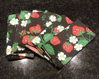 Set Of 6 Vintage Strawberry Cloth Napkins Multicolor Red Green White On Blk