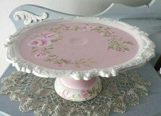 Pedestal Cake Plate Decorative Hp Shabby Cottage Vintage Chic Hand Painted