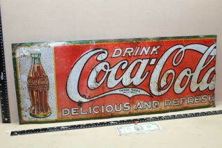 Rare 1920s Drink Coca Cola Embossed Metal Sign With Bottle Green Christmas Farm