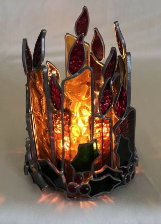 10” Vintage Handcrafted Christmas Leaded Stained Glass Candle Holder Holly Berry
