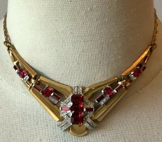 C.  1930s Mcclelland Barclay Goldplated Ruby & Clear Rhinestone Choker Necklace