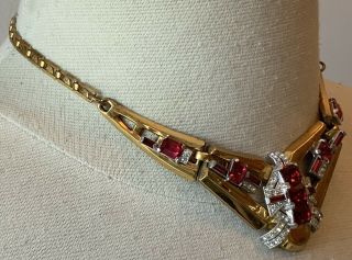 c.  1930s McCLELLAND BARCLAY Goldplated Ruby & Clear Rhinestone Choker Necklace 3