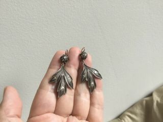 Antique Vintage Old Cut Large Real Diamonds Old Silver,  Gold Hooks Leafs Earrings