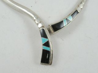 Southwestern Solid 925 Sterling Silver Turquoise & Black Onyx Inlay V Necklace