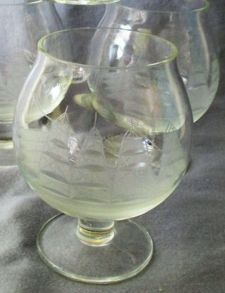 Vintage Set of 4 Schooner Clipper Ship Small Brandy Snifters Etched Clear Glass 2