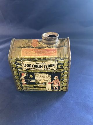 Antique Vintage Towles Log Cabin Syrup Tin.  Girl At Door/cartoon Grapics.  Rare
