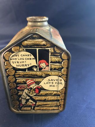 Antique Vintage Towles Log Cabin Syrup Tin.  Girl At Door/cartoon Grapics.  Rare 3