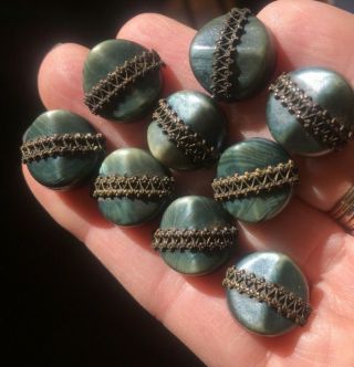 Set Of 9 Antique Vintage Pearlized Green Celluloid Metal Ome Buttons