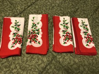 4 Vintage Cloth Christmas/holiday Napkins Scallop Holly Red Bow 16 X 16