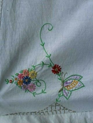 Vintage White Cotton Tablecloth Embroidered Flowers And Butterflies 53 " X 61 "