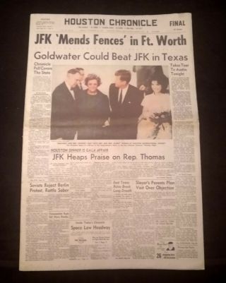 Vintage Houston Newspaper,  Nov 22,  1963,  President John F.  Kennedy Before Death