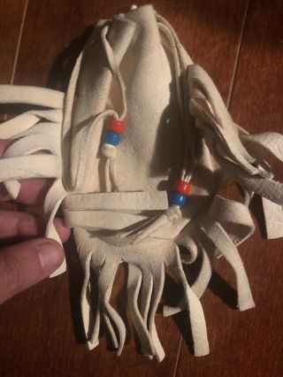 Vintage Native American Leather Beaded White Medicine Bag Marble Pouch
