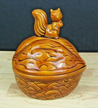 Vintage Squirrel Walnut Nut Bowl Canister Candy Dish Cookie Jar Ceramic Taiwan