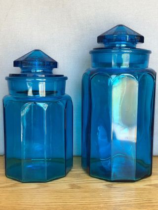 2 Large Vintage Cobalt Blue Glass Paneled Apothecary Jars Canisters Le Smith
