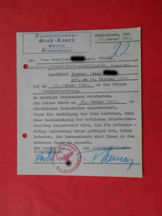Kz Lager Gross Rossen 1943 Rare Document Judaica Type 4