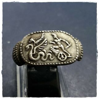 WINGED SNAKES pulling CHARIOT LEGIONARY ancient SILVER Roman - Greek ring 2
