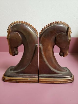 Vintage Dodge Trojan Horse Book Ends Bookends Art Deco Bronze Patina Metal 2
