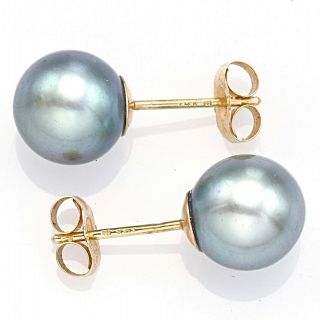 Vintage 14k Yellow Gold 7.  6 Mm Blue Sea Pearl Round Stud Earrings