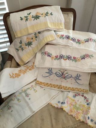 8 Vintage Embroidered Crochet Lace Pillowcases Yellows Cottage Chic