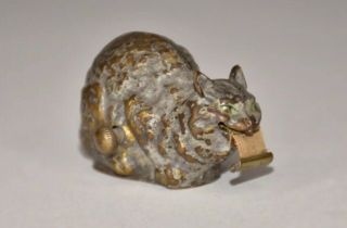 Antique Painted Metal Sitting Cat Figural Tape Measure - 2”l,  1 - 1/2”h