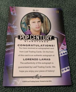 Lorenzo Lamas 2019 Leaf Metal Pop Century Autograph Blue 1/20 Auto 2