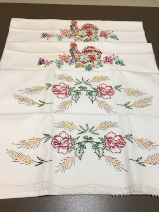 2 Pr Vintage Hand Embroidered Crochet Pillowcases Farm Rooster Wheat Roses N23
