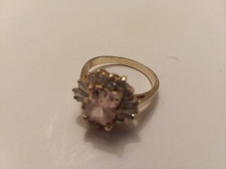 Vintage 10 Karat Yellow Gold Pink Stone & Natural Diamond Ladies Ring
